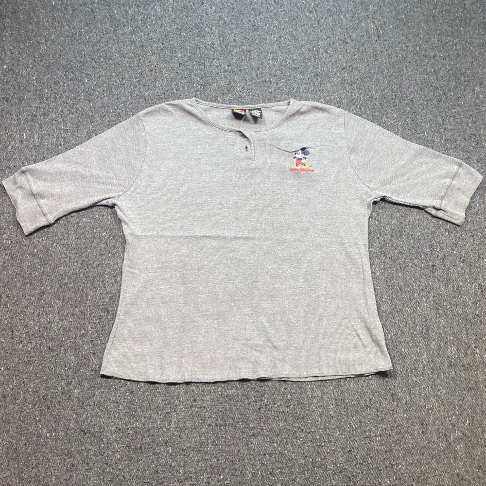 Mickey Unlimited Henley Shirt Sz XL Womens Grey 90s Retro Ribbed Mickey Mouse